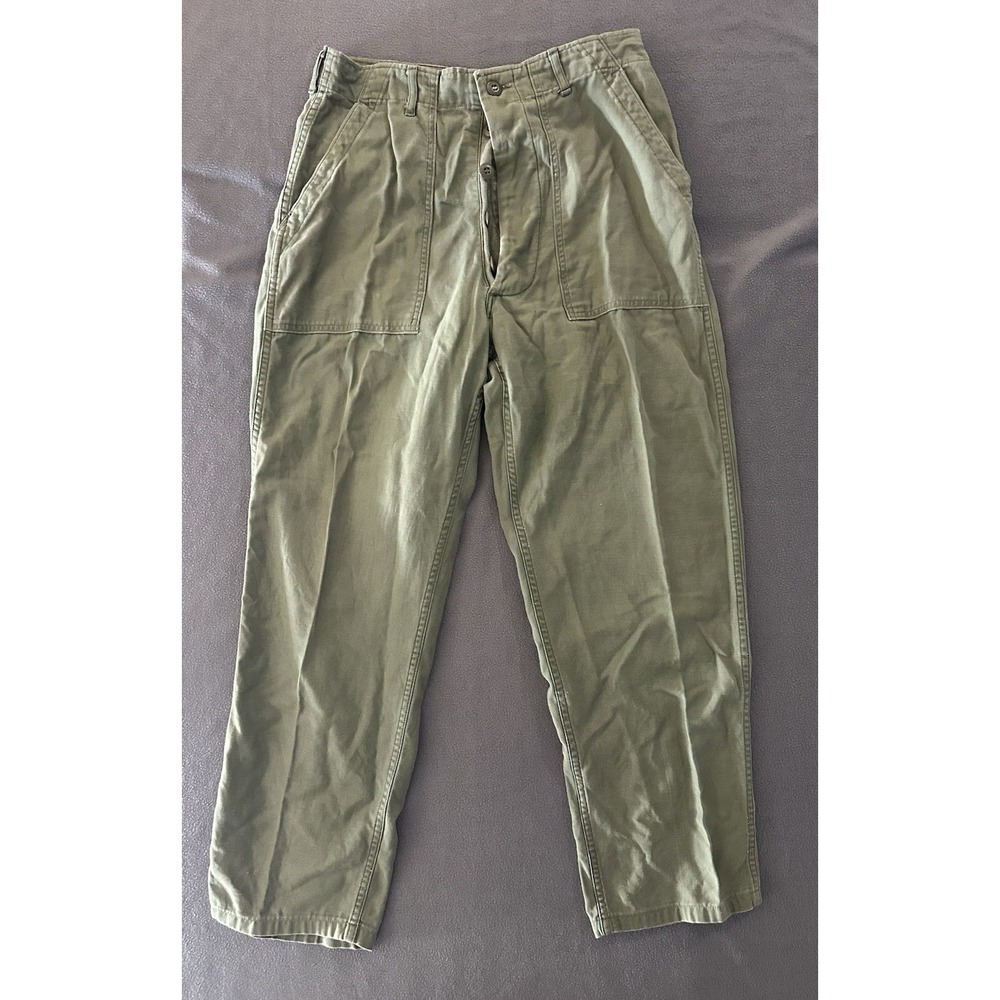 Vintage 70s Military OG-107 Pants Sateen Cotton Trousers Size 34x31 Olive Green